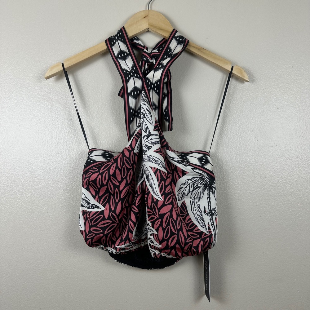 Rachel Zoe Women's M‎ Halter Top Pink Black White Tropical Palm Bubble Hem NEW